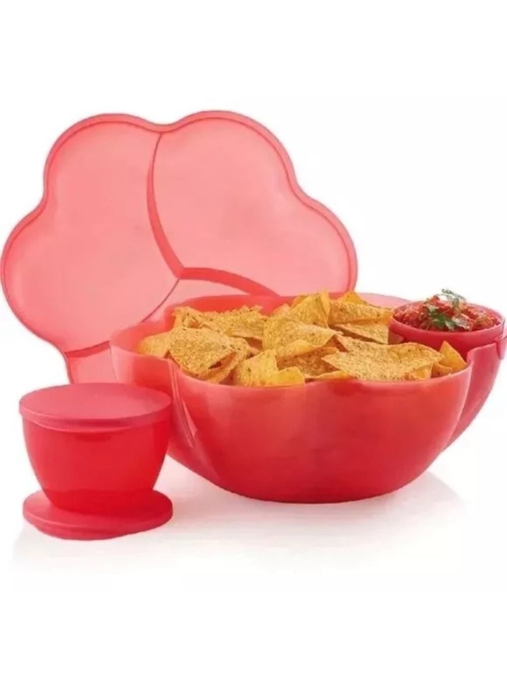 Tupperware Red-Pink Multi-Section Flower Snack Bowl Set with Dip Cups
